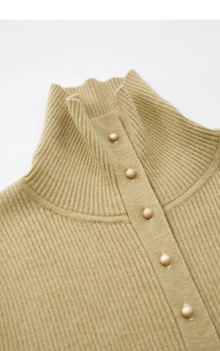 Damen-Strickjacke Rollkragen Knopfleiste Slim halboffene Front Herbst