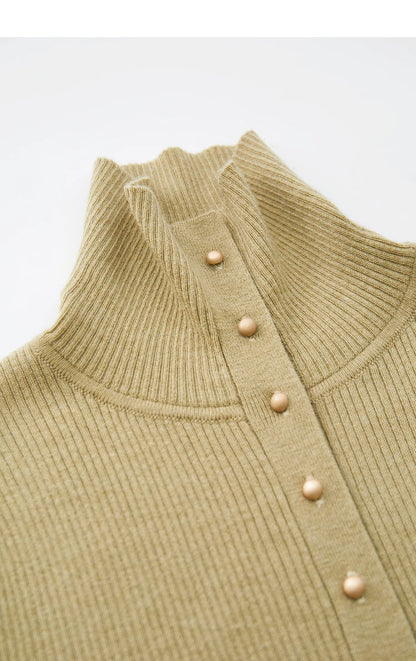 Damen-Strickjacke Rollkragen Knopfleiste Slim halboffene Front Herbst