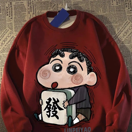Langarmshirt im amerikanischen Vintage-Stil aus reiner Baumwolle mit O-Ausschnitt und Cartoon-Design – lässig und trendig für die Straße