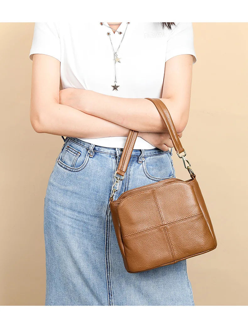 Damen-Schultertasche aus Leder Vintage Schwarz Großes Fassungsvermögen Crossbody-Tasche