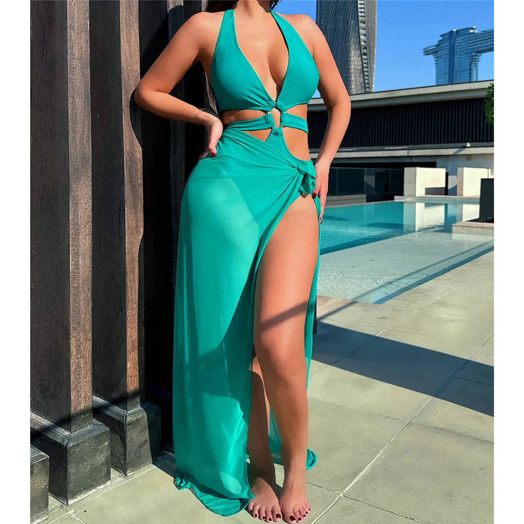Damen Badeanzug Sarong tiefer V-Ausschnitt Cut-Out Neckholder Monokini gepolstert