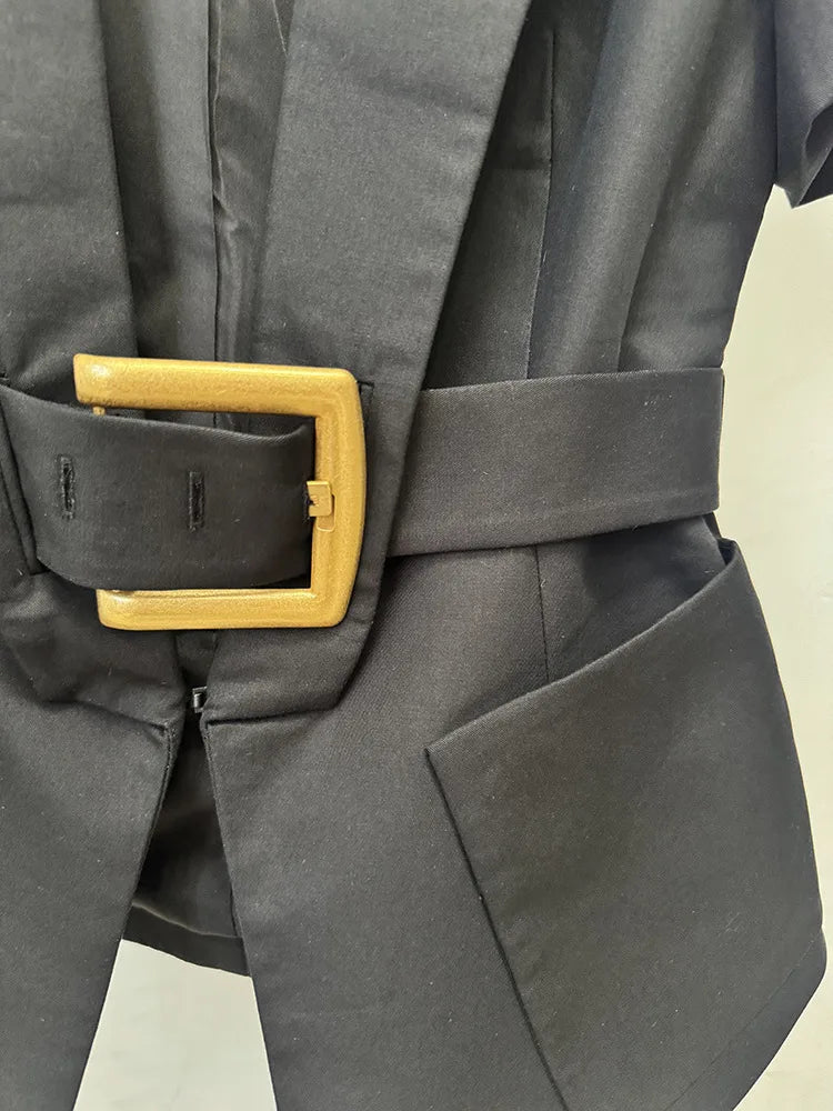 Damen-Blazer Kurzarm Gürtel lässig V-Ausschnitt Einknopf