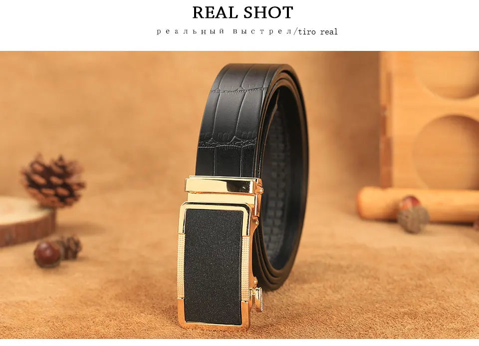 Herren Echtleder-Gürtel Krokodilmuster 3,5 cm Gold Automatik-Schnalle Rindsleder