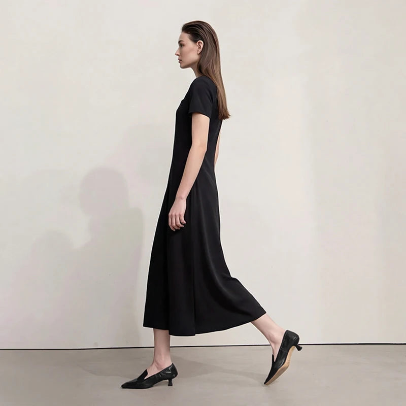 Damen-Sommerkleid, schwarzes Midi, Seitenansicht, kurzer Ärmel, O-Ausschnitt