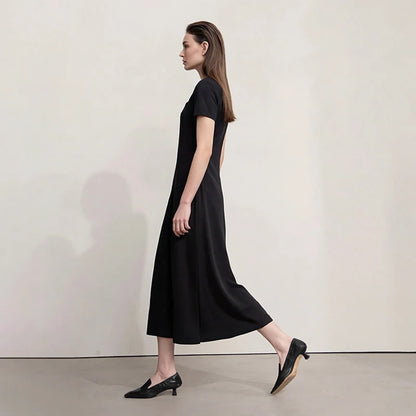 Damen-Sommerkleid, schwarzes Midi, Seitenansicht, kurzer Ärmel, O-Ausschnitt