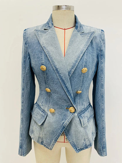 Damen-Blazer Denim doppelreihig Löwenknopf Slim High Street