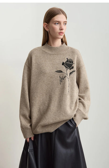 Damenpullover Camel mit Rosen-Stickerei vorn, locker geschnitten, Rundhalsausschnitt