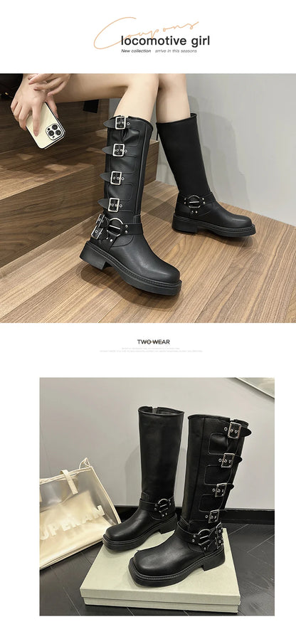 AIYUQI Western Cowboy Boots Women Vintage New Genuine Leather Knight Boots Women Square Toe High Boots Buckle Boots Women