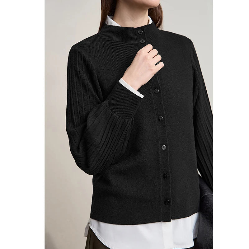 Damen-Strickjacke Slim halbhoher Kragen Laternenärmel Wolle-Mix Herbst