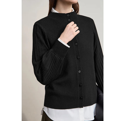 Damen-Strickjacke Slim halbhoher Kragen Laternenärmel Wolle-Mix Herbst