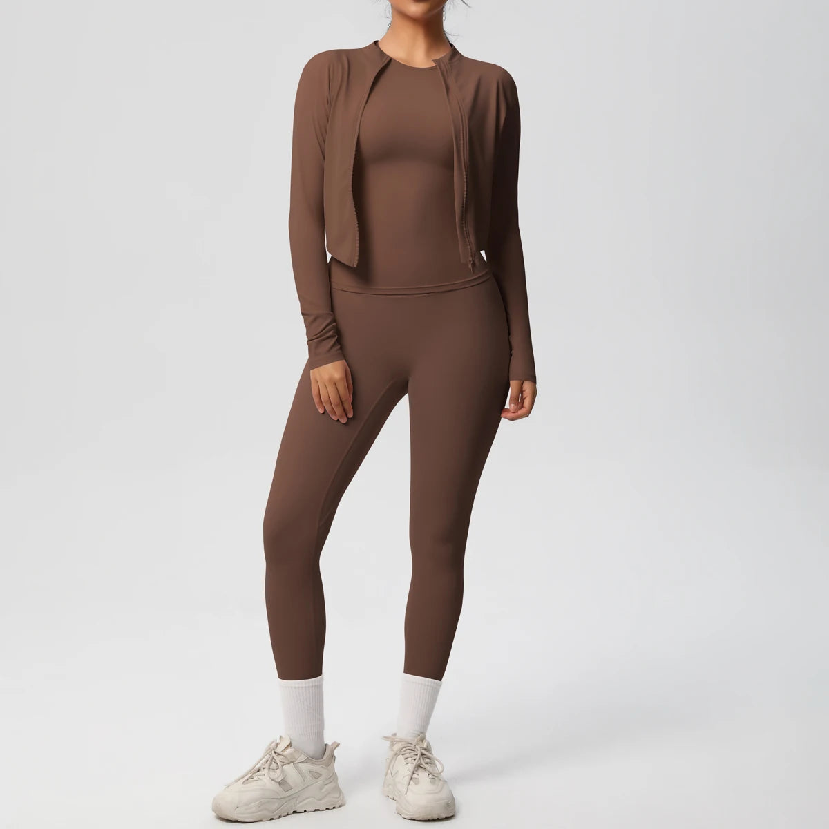 Damen Yoga-Set aus langarmem Top mit Reißverschluss und High-Waist Leggings, braun