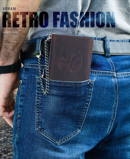 Herren Echtleder Geldbörse Trifold Metallkette RFID Kartenhalter Geldclip