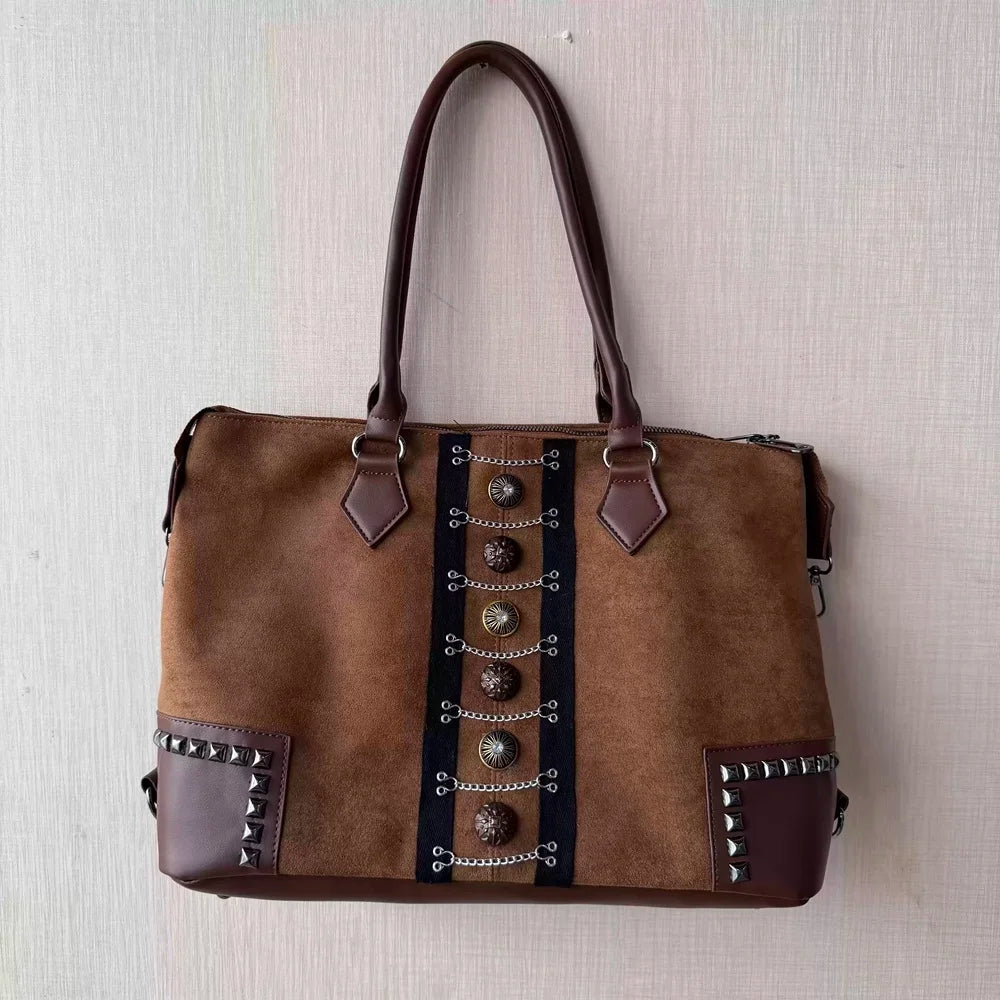Damen-Tasche Umwandelbare Schultertasche im Boho Western Stil mit Nieten und Kettenakzenten