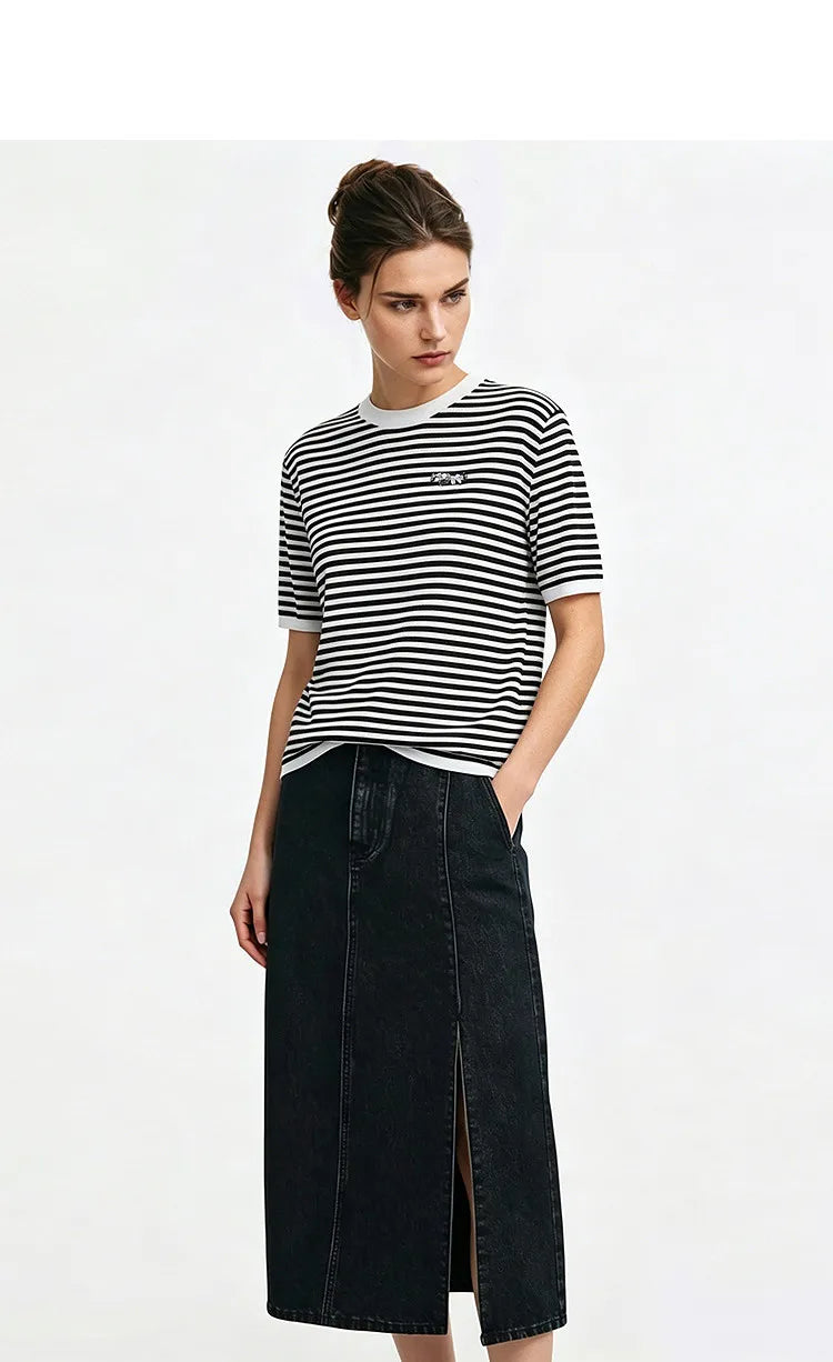 Damen-Rundhalspullover Colorblock Streifen Kurzarm locker Viskose Sommer