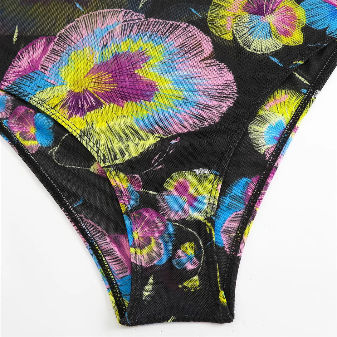 Damen-Badeanzug 3-teilig Print Langarm Sarong-Set gepolstert