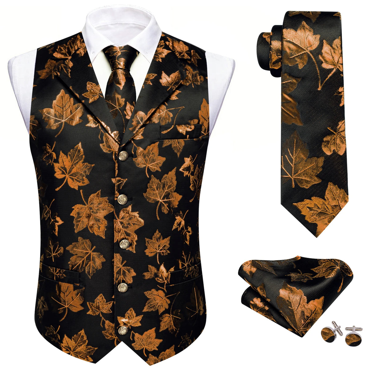 Herrenweste im Set mit Krawatte, Jacquard-Ahornblattmuster in Schwarz und Gold