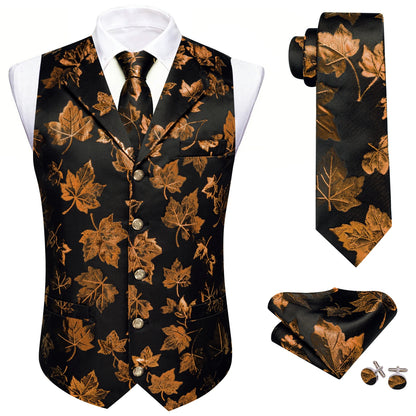 Herrenweste im Set mit Krawatte, Jacquard-Ahornblattmuster in Schwarz und Gold