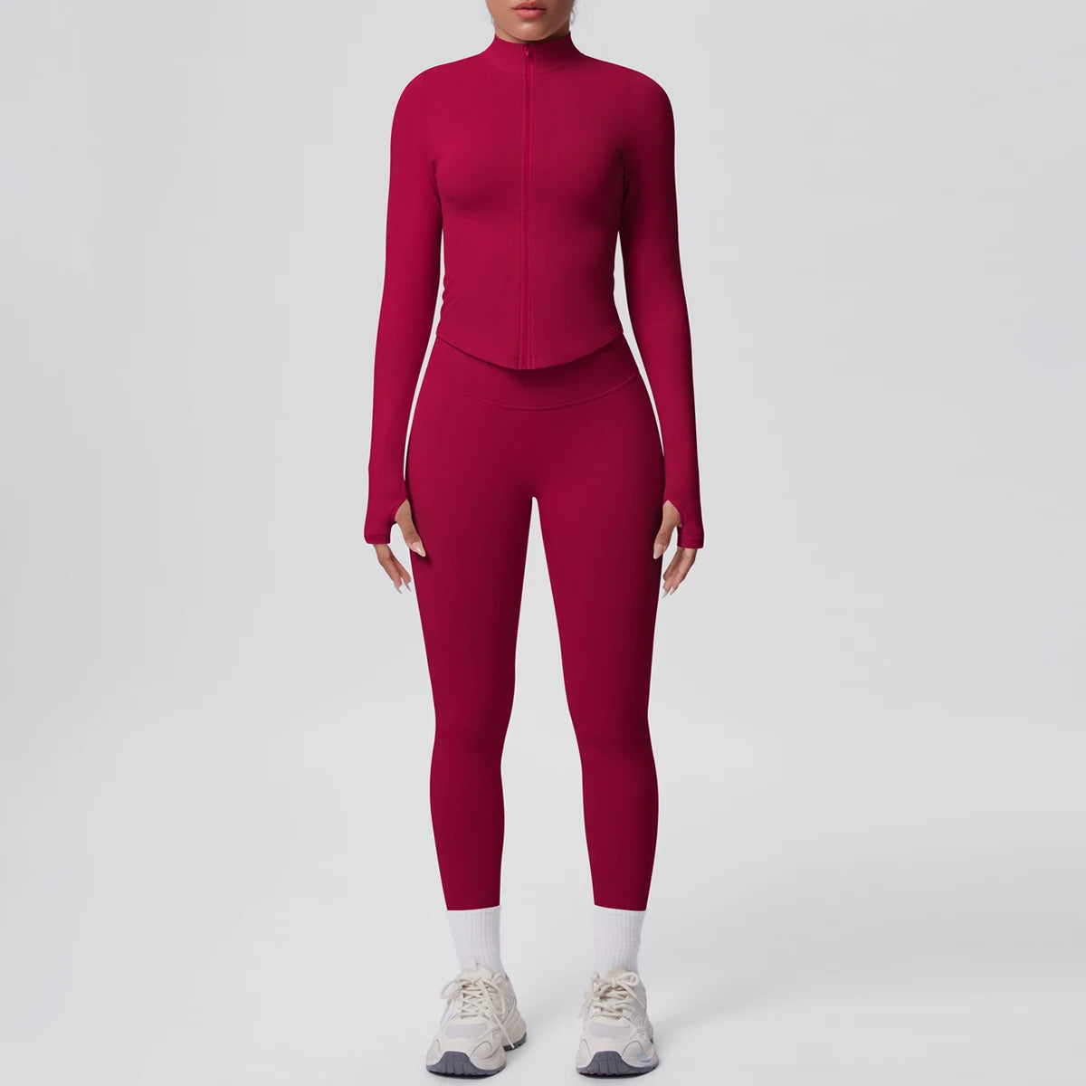 Weinrotes Yoga-Set mit Reißverschluss-Longsleeve und Leggings, hohe Taille