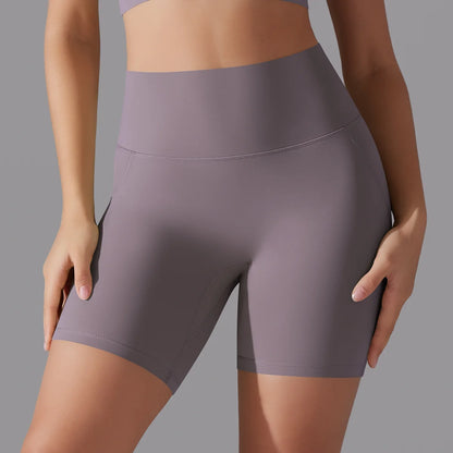 Schnelltrocknende Yoga-Shorts in Grauviolett, hoher Bund, kurze Passform