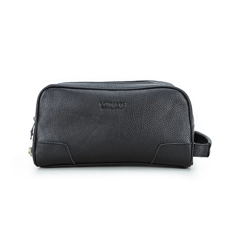 Schwarze Herren-Clutch aus Leder mit Umhängeriemen und strukturierter Oberfläche