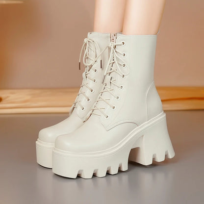 Damen-Winterstiefel in Beige/Weiß, hohe Schnürstiefelette mit vollem Plateauabsatz