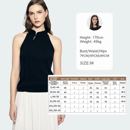 Schwarzes Damen-Stricktop ärmellos mit Stehkragen, Vorderansicht mit Maßtabelle