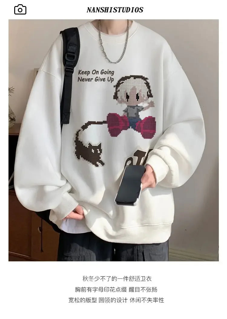 Vintage Oversize Herren-Sweatshirt mit Fist-Print und Rundhalsausschnitt – Herbst/Winter Langarmshirt mit Samtfutter im High-Street-Trend