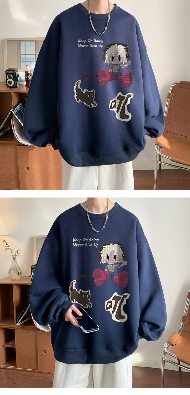 Vintage Oversize Herren-Sweatshirt mit Fist-Print und Rundhalsausschnitt – Herbst/Winter Langarmshirt mit Samtfutter im High-Street-Trend