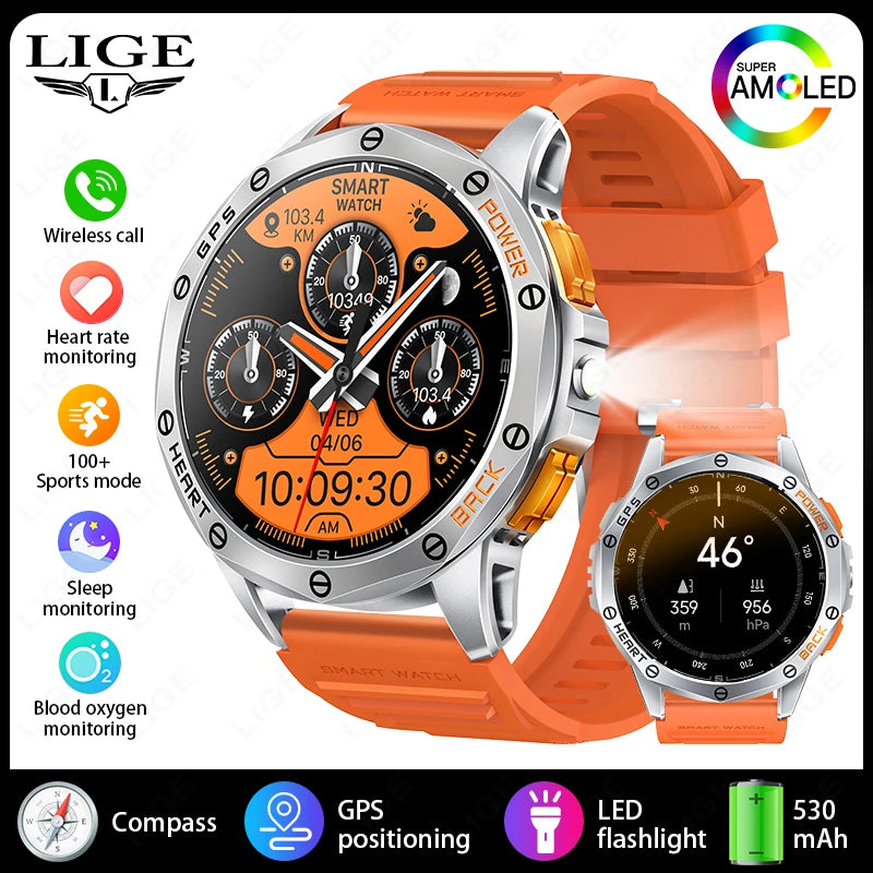 Outdoor-GPS-Smartwatch in Orange mit rundem AMOLED-Display und zusätzlicher schwarzer Uhr