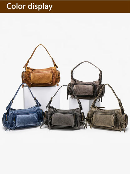 Damen-Hobo-Tasche aus Leder im Vintage-Look mit Mehrfach-Fächern und Tassel-Reißverschluss Alltagsbegleiter