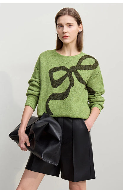 Grüner Damenpullover mit dunklem Schleifen-Jacquard, Rundhals, gerippte Bündchen, langärmelig