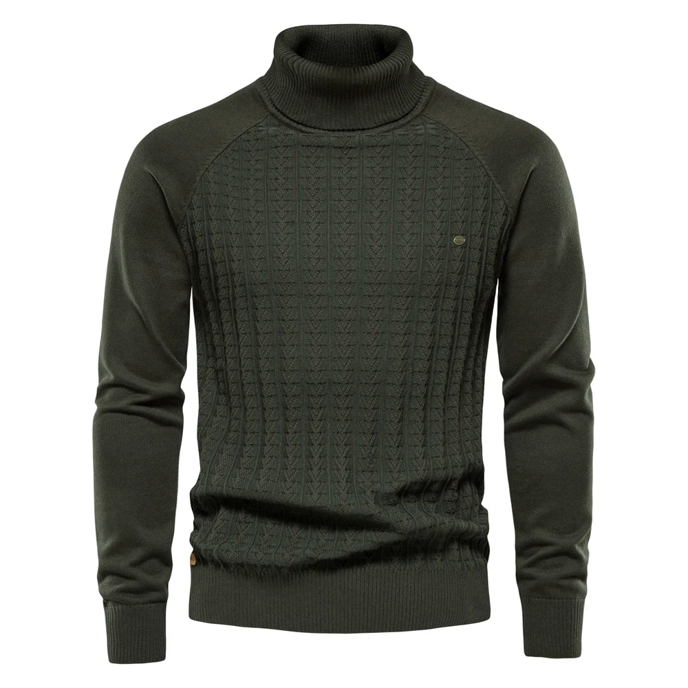 Herren-Rollkragenpullover, dunkelgrüner Vollstrick mit Steppmuster und Rippenbündchen