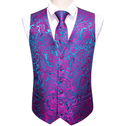 Herren-Weste in Pink-Blau mit Paisley-Muster, V-Ausschnitt und Knopfleiste, Seidenoptik
