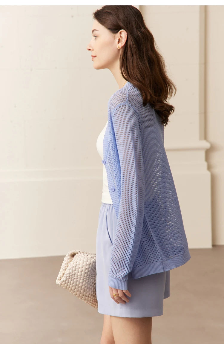 Damen-Strickjacke V-Ausschnitt Viskose locker elegant Frühling