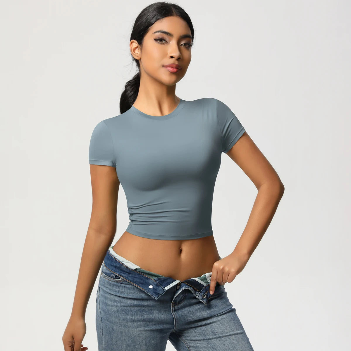 Slim Fit Yoga-Top für Damen, blaugrau, kurze Ärmel, figurbetont