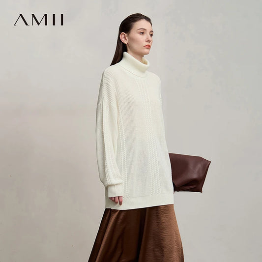 Cremefarbener Damen-Rollkragenpullover, langarm, locker im Grobstrick, Wollmix
