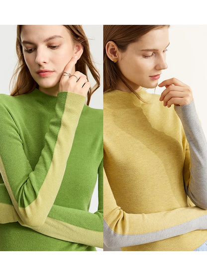 Damen-Halbrollkragen-Pullover Slim Patchwork Wolle-Mix Herbst-Winter