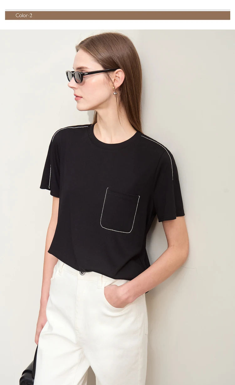 Damen Sommer-T-Shirts im minimalistischen Stil mit O-Ausschnitt und kurzen Ärmeln