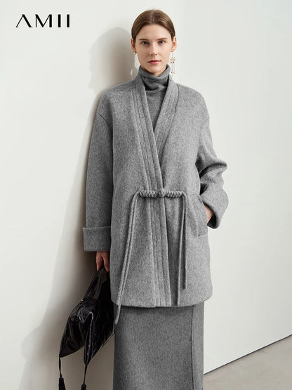 Damen Wollmantel im minimalistischen Neo-Chinesischen Stil mit V-Ausschnitt und Taschen
