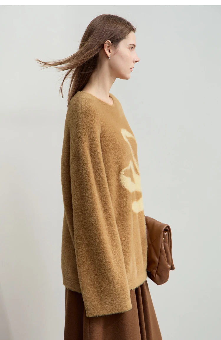 Damen-Pullover braun mit O-Ausschnitt und Fledermausärmel, locker geschnitten