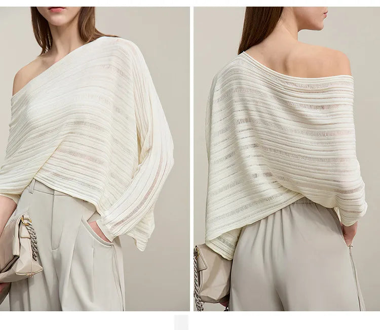 Beiger schulterfreier Strickpullover mit asymmetrischem Ausschnitt, 3/4-Ärmeln
