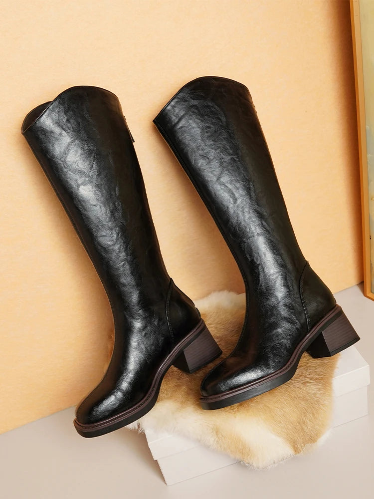 Women Winter Boots Genuine Leather Natural Wool Warm Female Knight Boots Square Toe Back Zipper Western Cowboy Boots Women