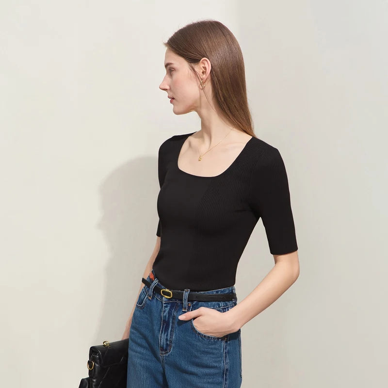 Damen-Strickpullover, schwarz, Halbarm, eckiger Rundhalsausschnitt, figurbetont