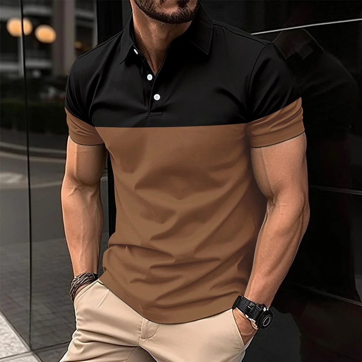 Lässiges Herren-Poloshirt mit digitalem Farbpatch-Druck und Reißverschluss am Kragen – ideal für den Sommer.