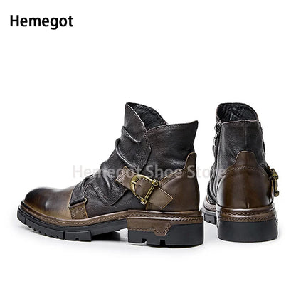 Herren-Motorradstiefel mit Schnallenriemen, hoher Schaft, dunkelbraunes/ schwarzes Lederdesign