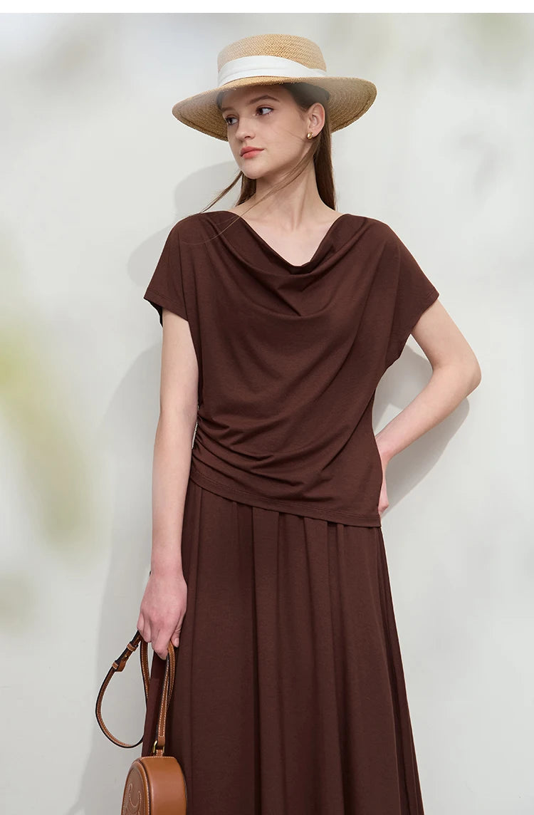 Damen T-Shirt aus Modal-Baumwolle mit kurzen Rotator-Ärmeln und Swing-Neck