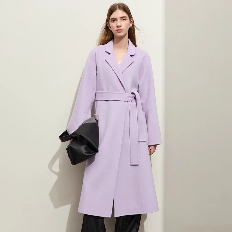 Damen Wollmantel im minimalistischen Stil mit Gürtel und Vintage-Blazer-Kragen