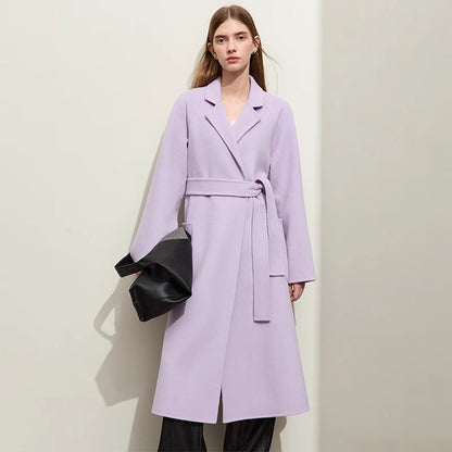 Damen Wollmantel im minimalistischen Stil mit Gürtel und Vintage-Blazer-Kragen
