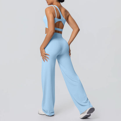 Sportset in Himmelblau: High-Waist Leggings mit weitem Bein und Sport-Top mit Rückenausschnitt