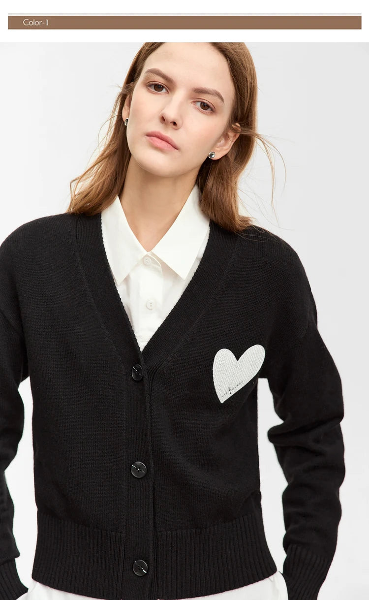 Damen-Strickjacke V-Ausschnitt Wollstickerei locker romantisch Winter
